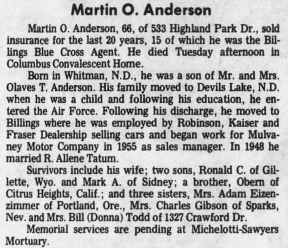 Obituary for Martin O. Anderson (Aged 66)